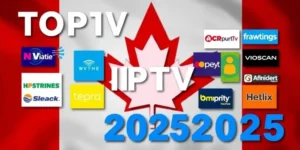 Best IPTV Canada 2025 - Collage of IPTV logos with Canadian flag background.