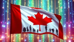 Canadian flag with digital streams and entertainment icons. - Best IPTV Canada 2026